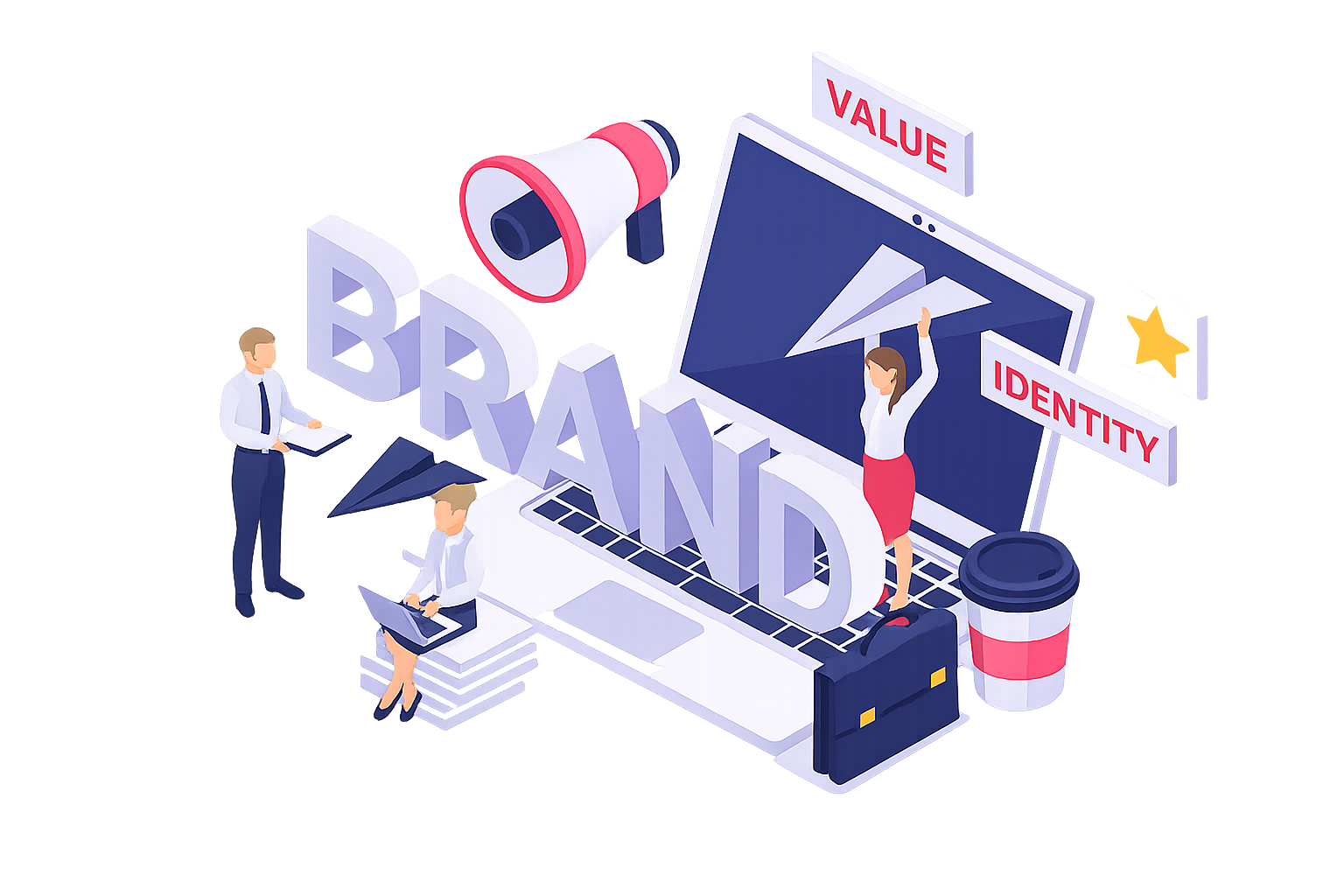 Branding — brand identity illustration with team, megaphone, laptop and brand elements