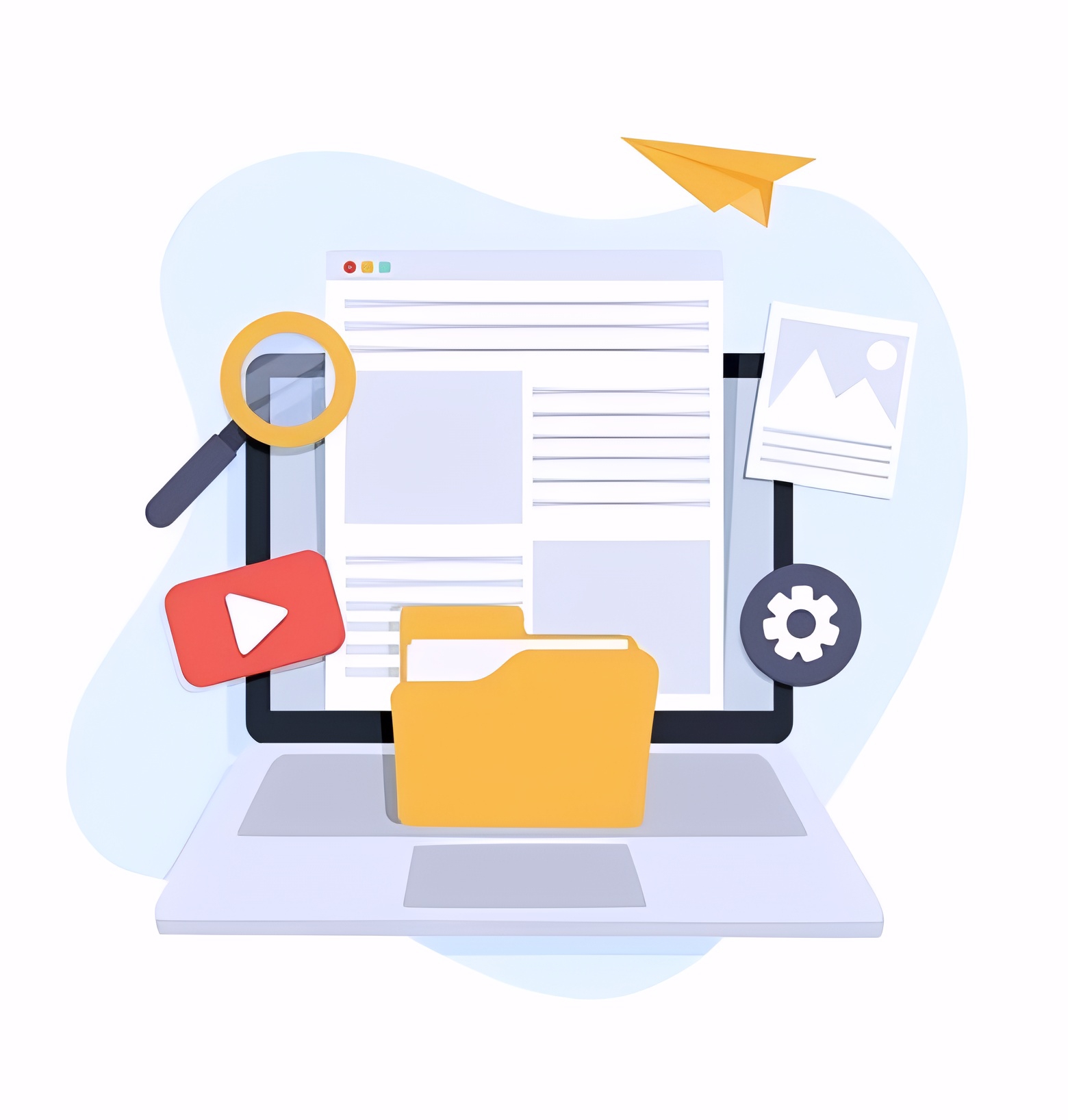 Digital content tools and laptop illustration