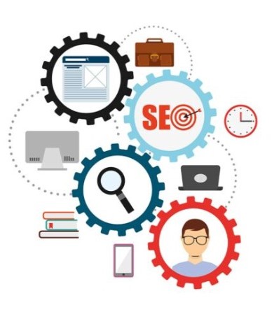 SEO services illustration with gears and digital marketing icons