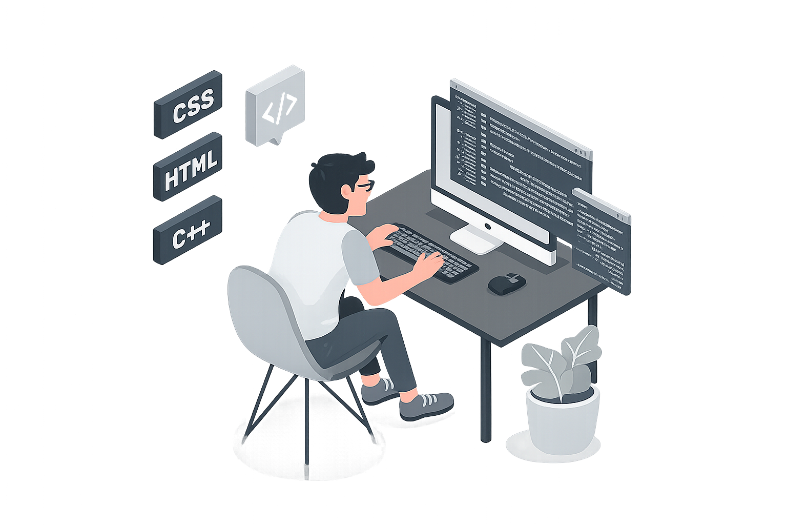 Web developer at desk — isometric illustration