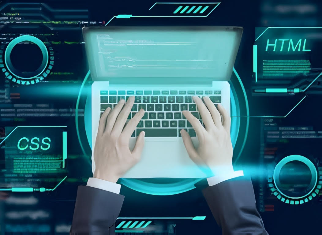 Developer coding on laptop with HTML and CSS